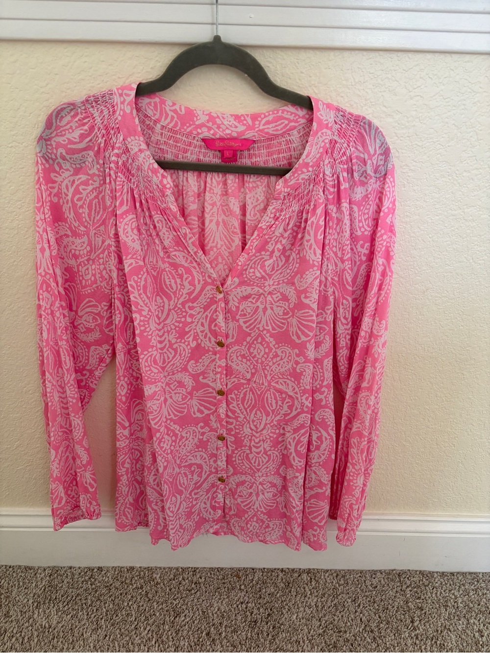 Lilly Pulitzer Pink and White Printed Button-Down Blouse
